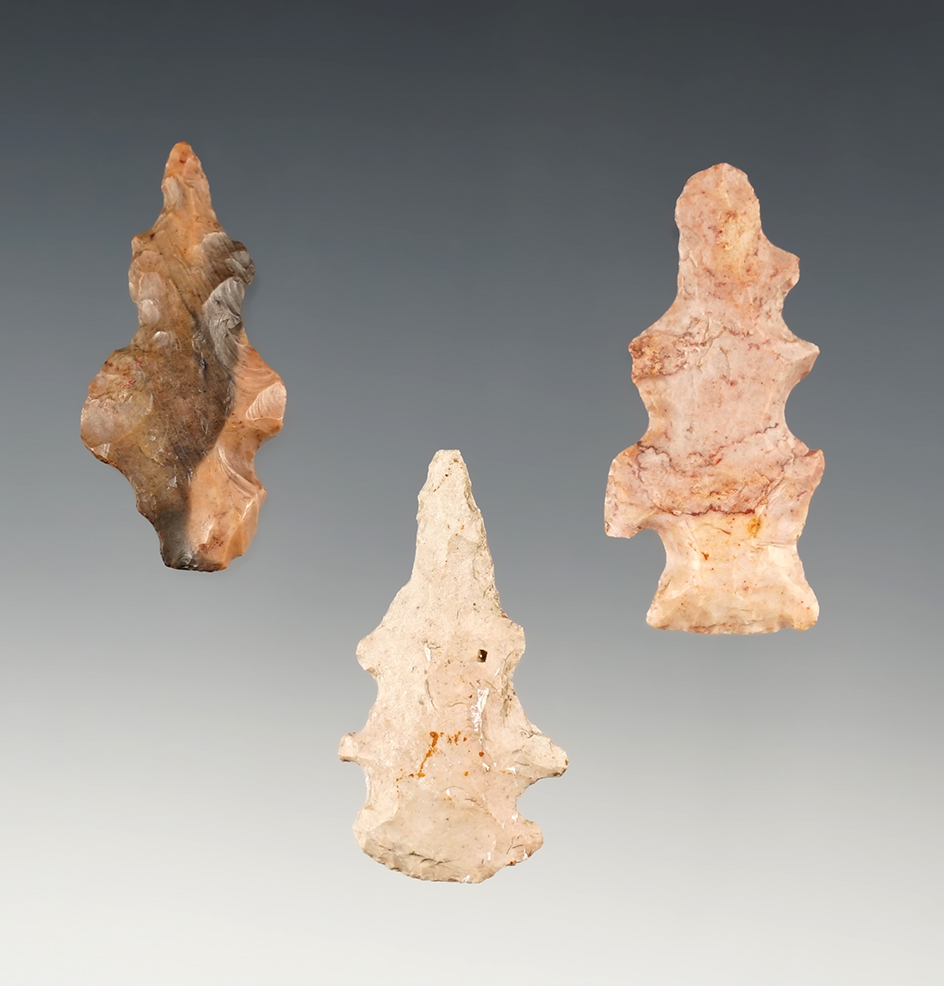 Set of 3 very rare Eccentric points found in Ohio. The largest is 1 3/4".