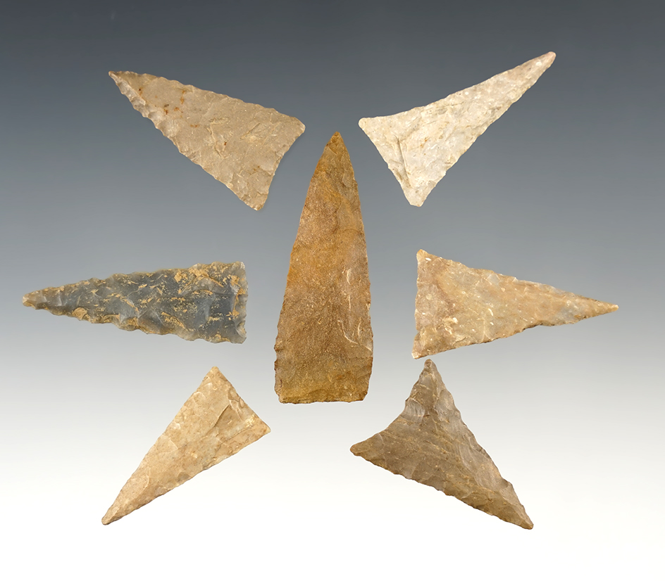 Set of 7 nice Triangle points found in the Kentucky/Tennessee area. The largest is 1 7/8".