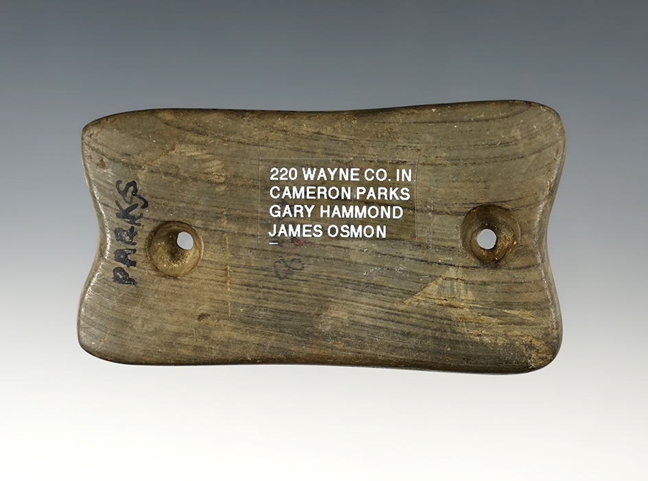 Uniquely styled 3 1/4" wide Gorget found in Wayne Co., Indiana. Ex. Parks, Larry Hammond.