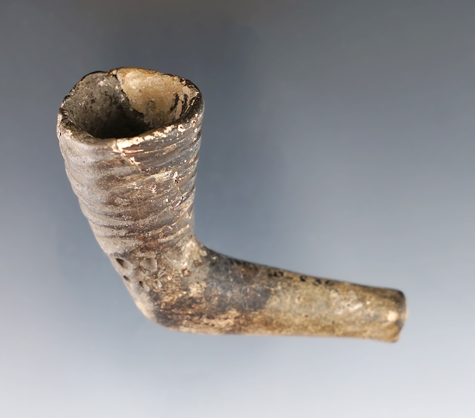 3" long Iroquois ring bowl pipe - broken & mended at the elbow. New York. Some restoration.