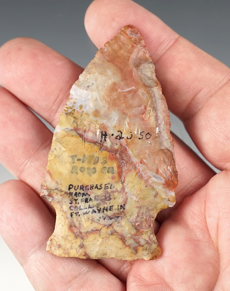 2 3/4" Extremely colorful Hopewell Point made of reds, yellows, and gold Flint Ridge. Indiana.