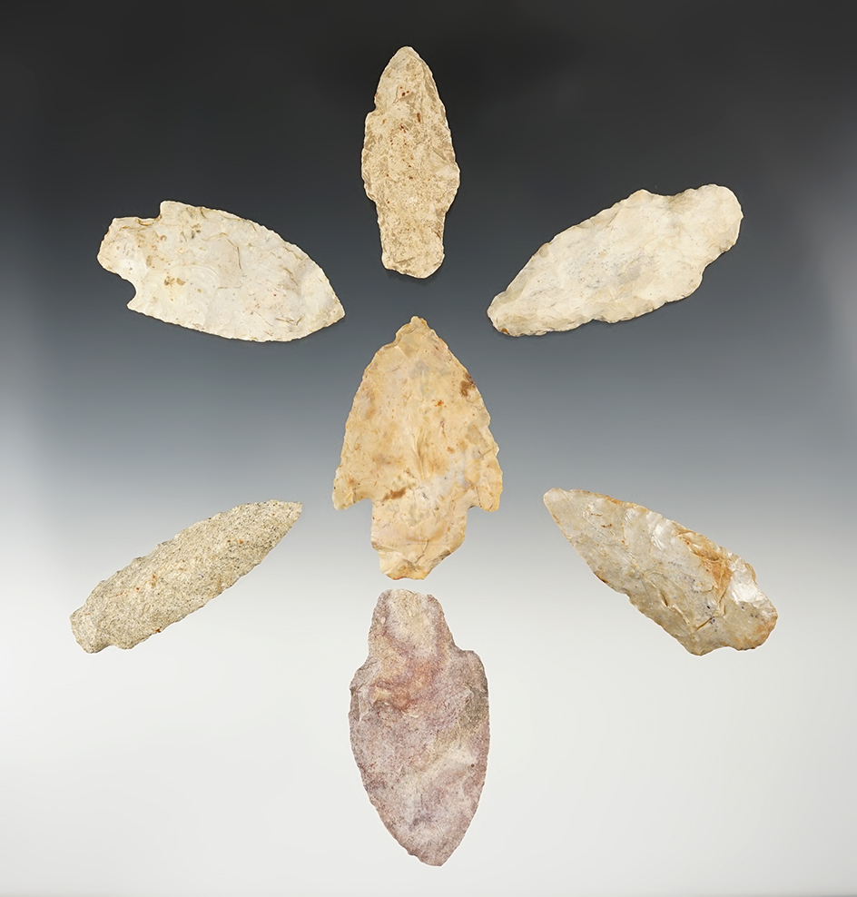 Set of seven assorted Midwestern points and knives. Largest is 3 1/16".