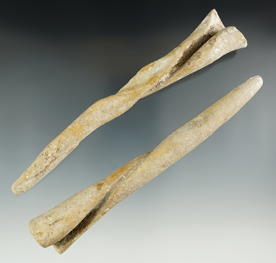 Pair of matching columnar fossilized shell pendants found together in Greenup Co., Kentucky.