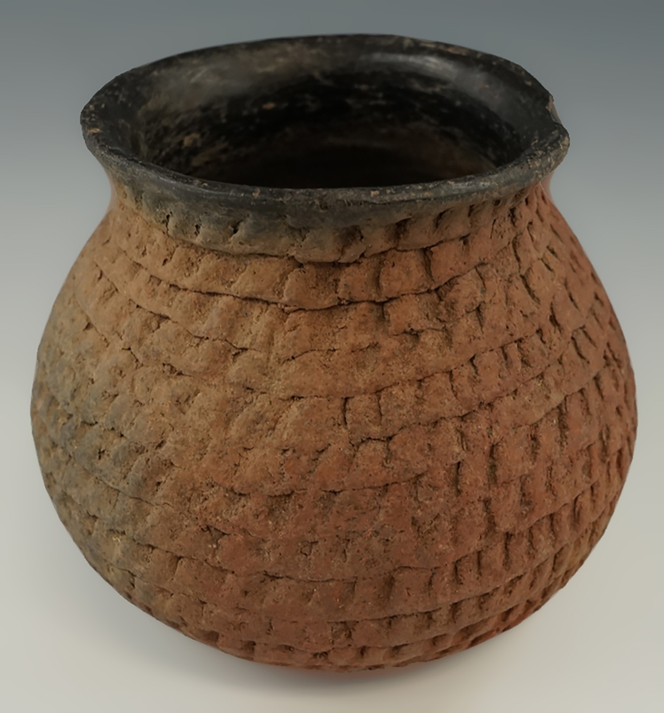 5" tall x 5 1/4" wide Elden corrugated Southwestern bowl with one small rim chip. Ex. Sam Wasion.
