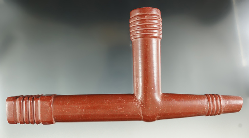 8 7/16" long Catlinite T-pipe with nice design. Ex.  Sam Wasion who obtained it from Heath I 1956.