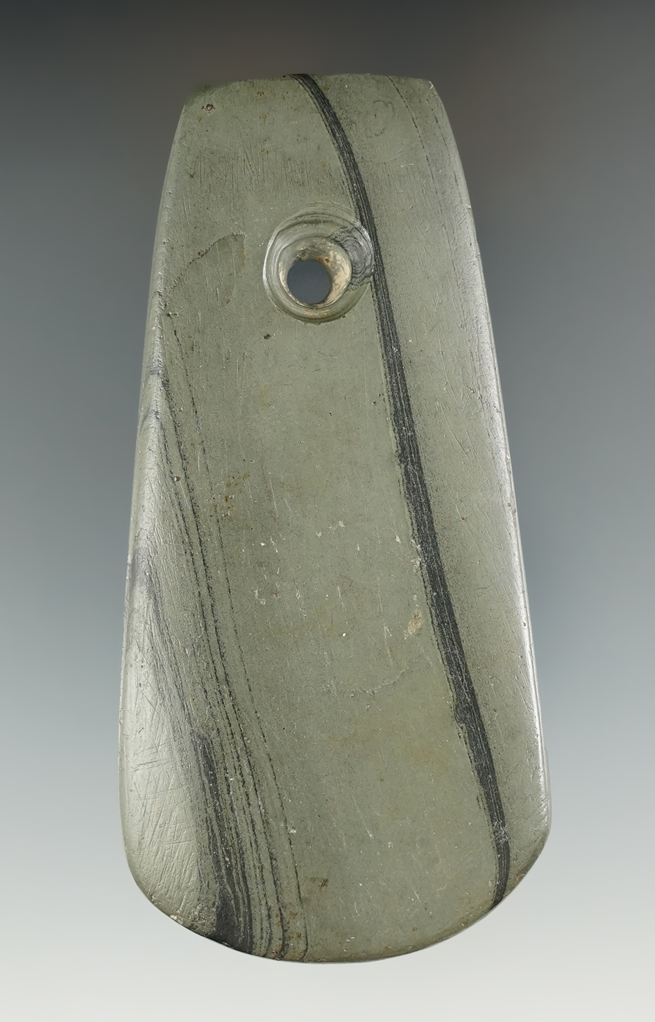 3 13/16" Banded Slate Pendant found in Spencer Co., Indiana. Meadows and Motley COA's.