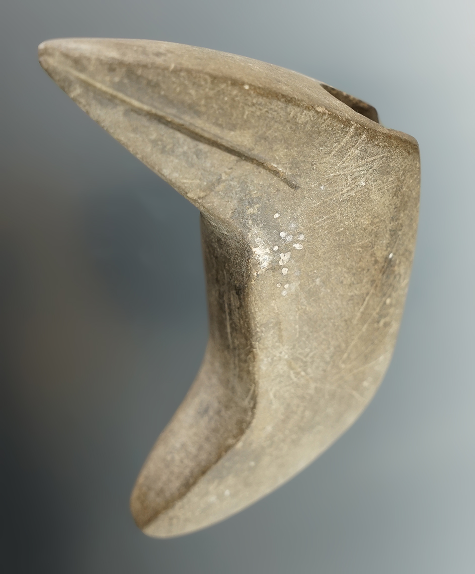 Rare 3 3/4" Crane effigy pipe with etched mouth and starburst engraving on the side.  Ohio.