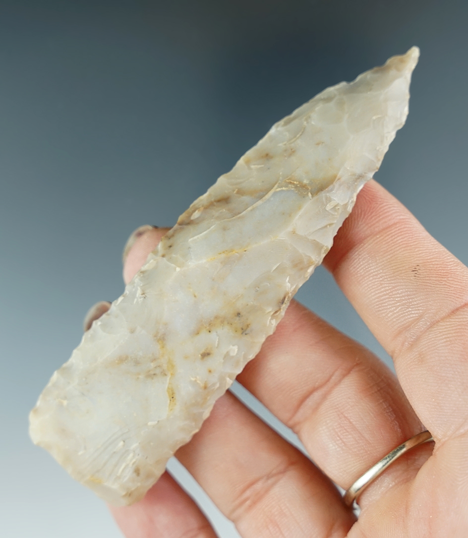 3 5/8" uniquely styled Flint Ridge Flint Knife with a perforator tip found in Hardin Co., Ohio.