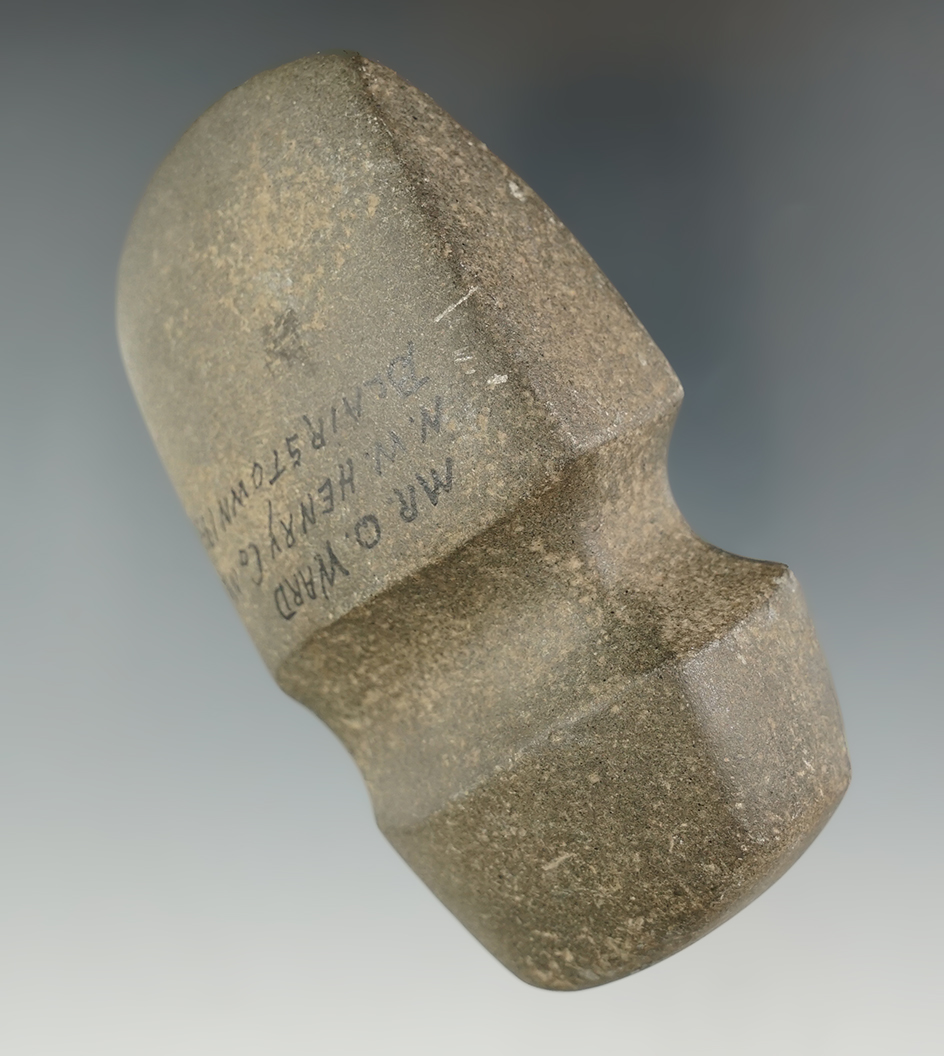 Exceptional craftsmanship! 4 1/8" Grooved block style Axe with old writing. Henry Co., MO., 1936.