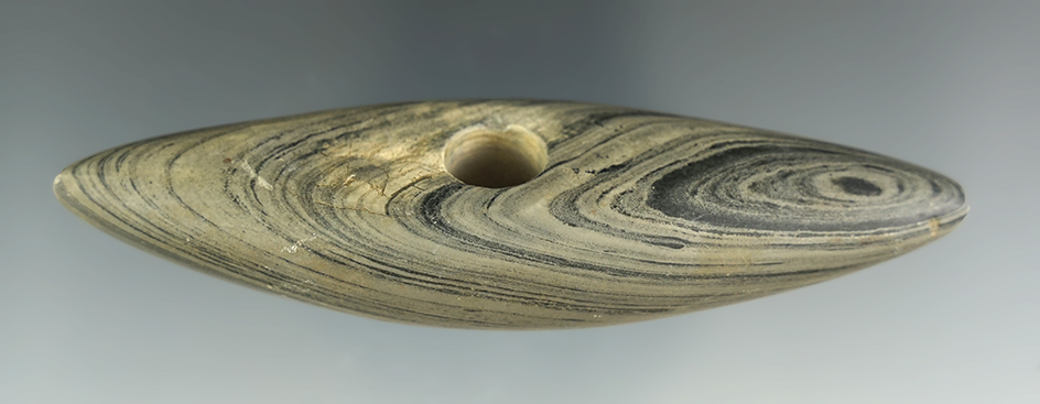 4 1/8" Pick Bannerstone made from green and black Banded Slate. Found in Hardin Co., Ohio.