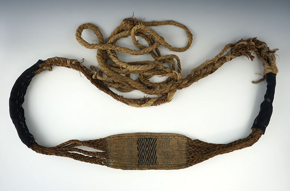 Nearly 15' long hand woven fiber Burden Strap. Area of origin unknown, but very old.