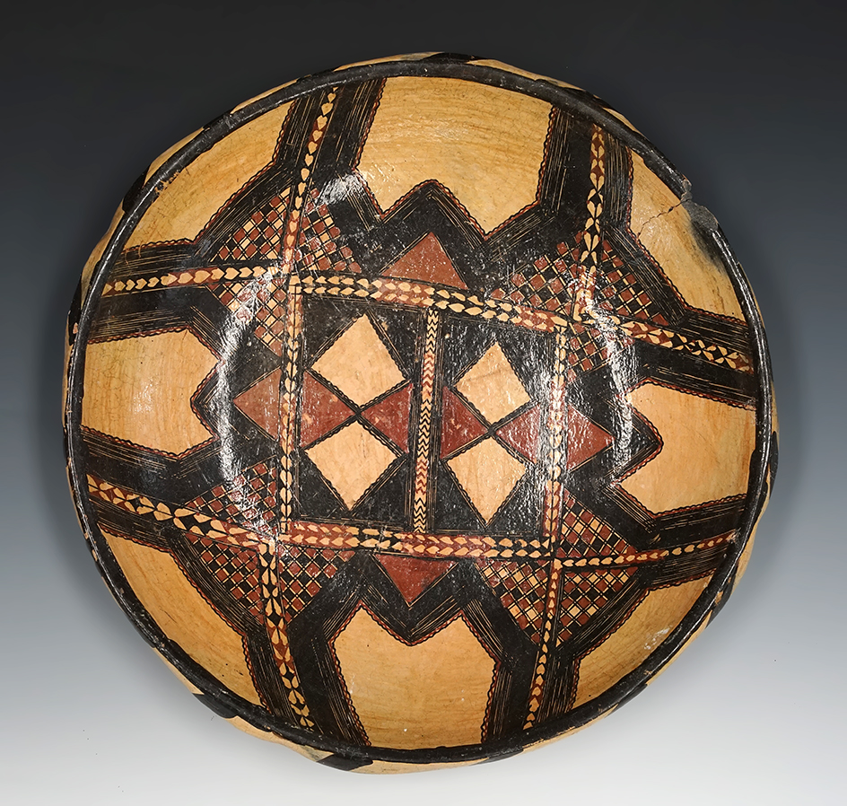 Large 15 1/4" diameter Berber pottery bowl from Morocco. One chip to rim.