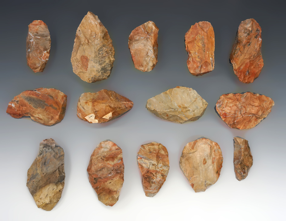 14 Blanks, largest is 5" from the Gray LaDassor cache of 401 cache blanks - Crescent Quarry Flint.