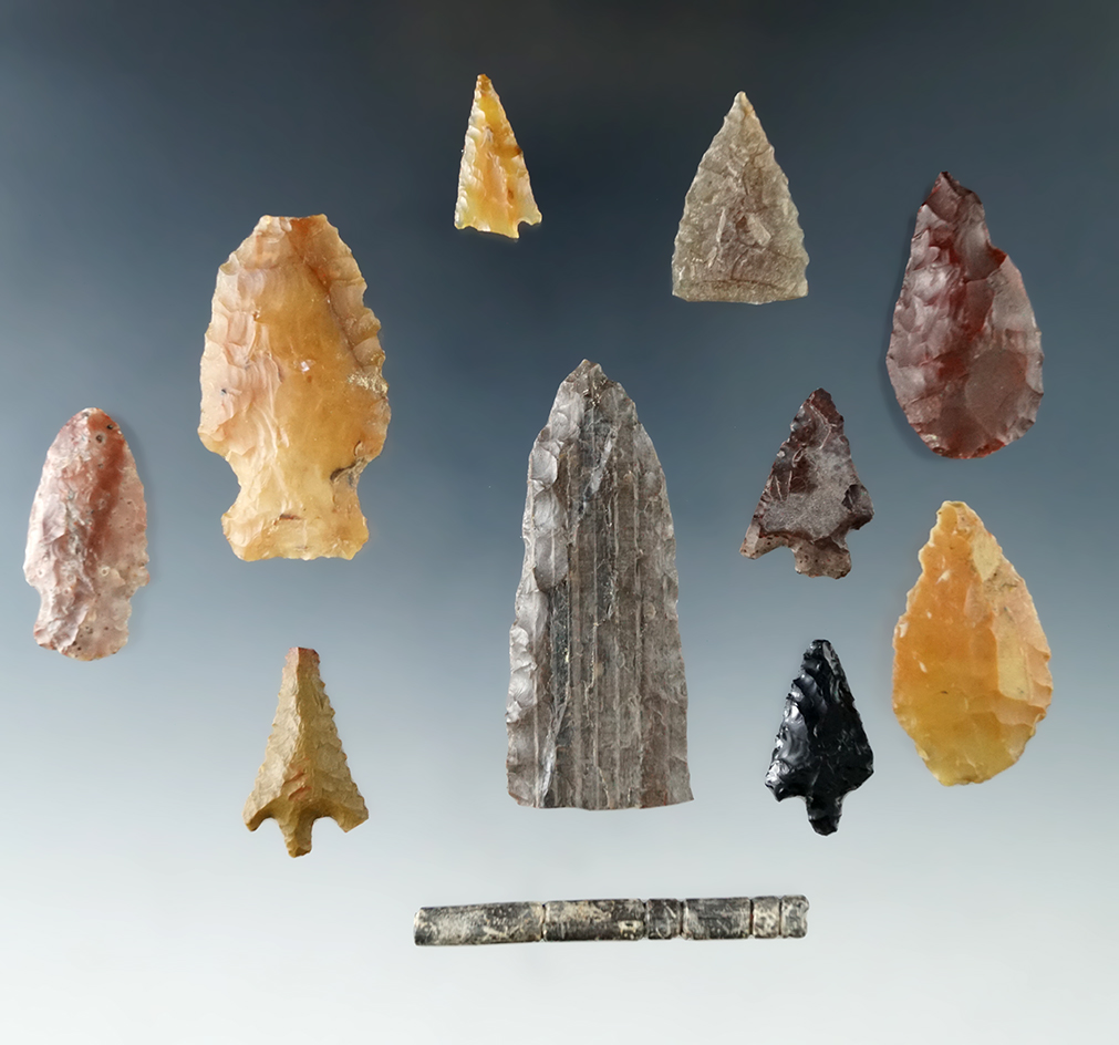 Set of artifacts - Kettle Falls, Washington including points, knives, 1 7/8" incised engraved bone.