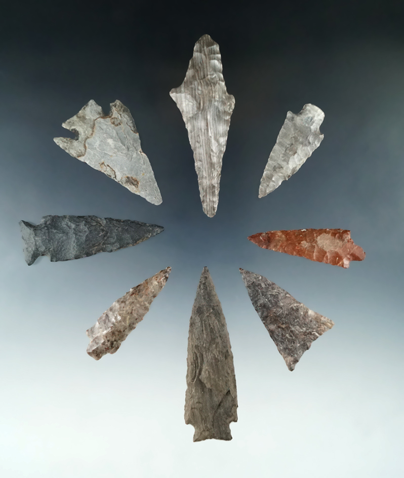 Set of 8 Nebraska Arrowheads, largest is 2 15/16".
