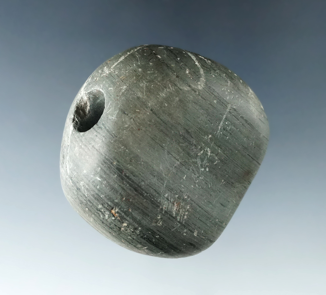 1 3/4" Flattened Ball Bannerstone with a nice food and bottom found in. Co., Ohio by Jim Aldag.