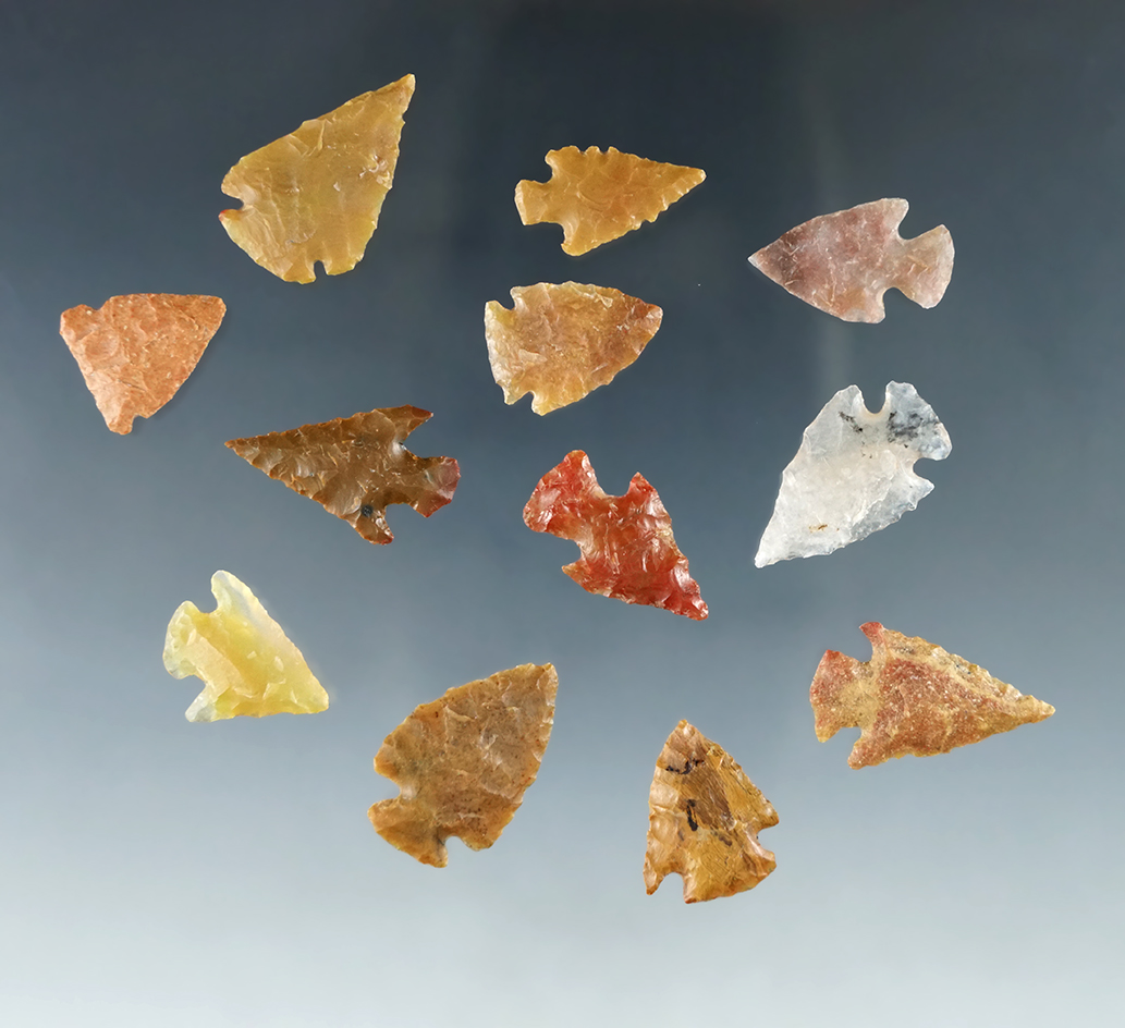 Set of 12 Colorado Arrowheads, largest is 15/16". Ex. Bob Roth Collection.