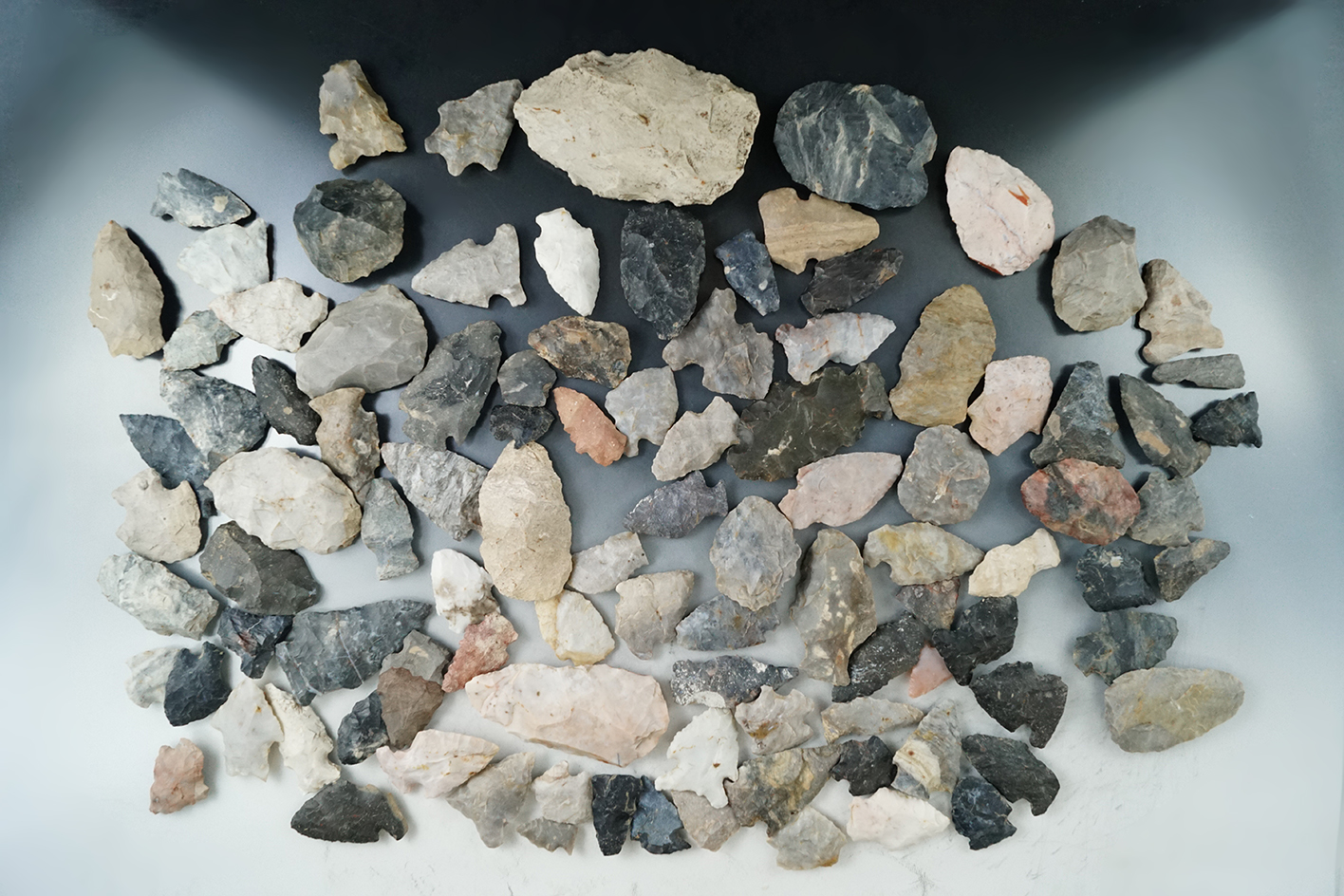 Group of 100 Wayne Co., Ohio field grade arrowheads, knives and other flaked artifacts.