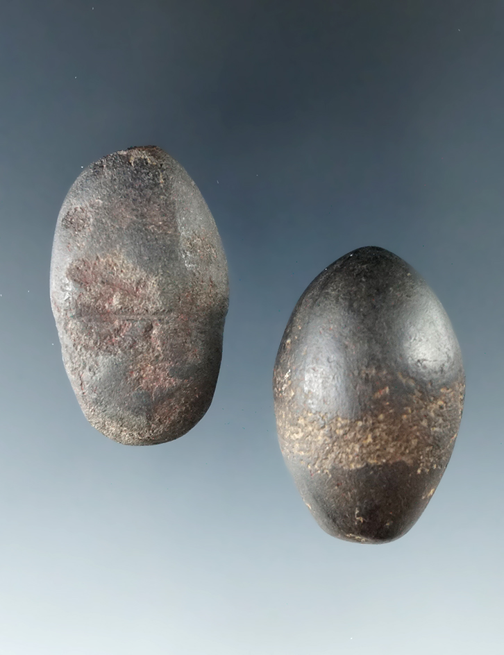 Pair of Hematite Plummets, largest is 1 1/2". Both found in Perry Co., Ohio. Ex. Jack Hooks.