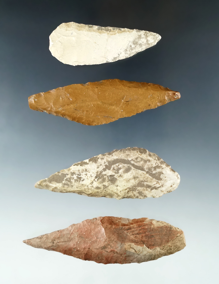 Set of four Harahey Knives found in Nebraska sandhills, largest is 3 7/8".