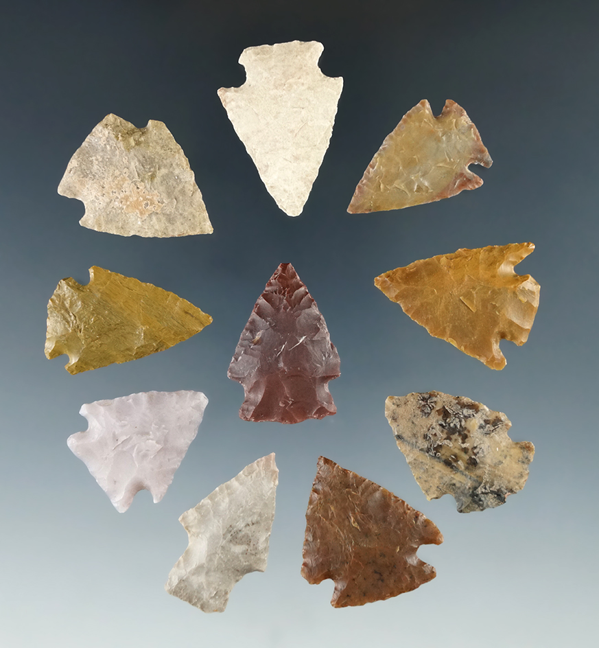 Set of 10 Colorado Arrowheads, largest is 1 3/16". Ex. Bob Roth Collection.