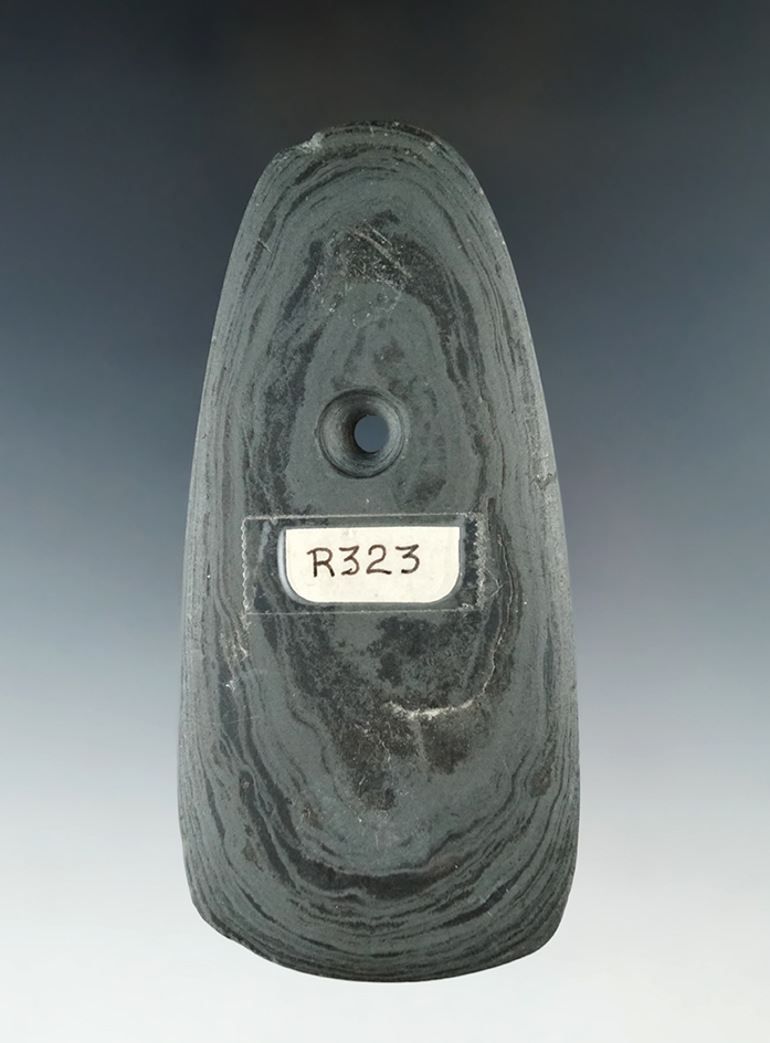 4 and 1/2" beautifully banded Adena Trapezoidal Pendant found near Tiffin, Seneca Co., Ohio.