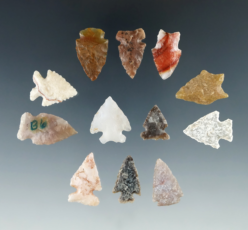 Set of 12 Colorado Arrowheads, largest is 7/8". Ex. Bob Roth Collection.