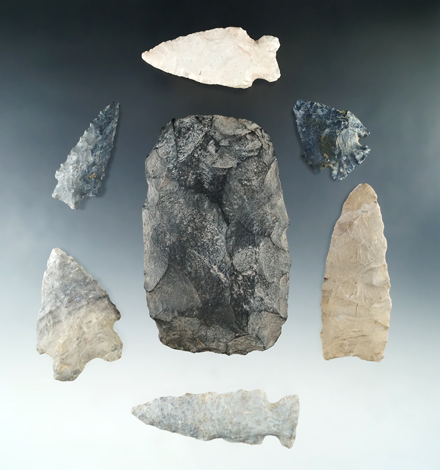Group of assorted flaked artifacts found in Licking Co., Ohio, largest is 3 11/16".