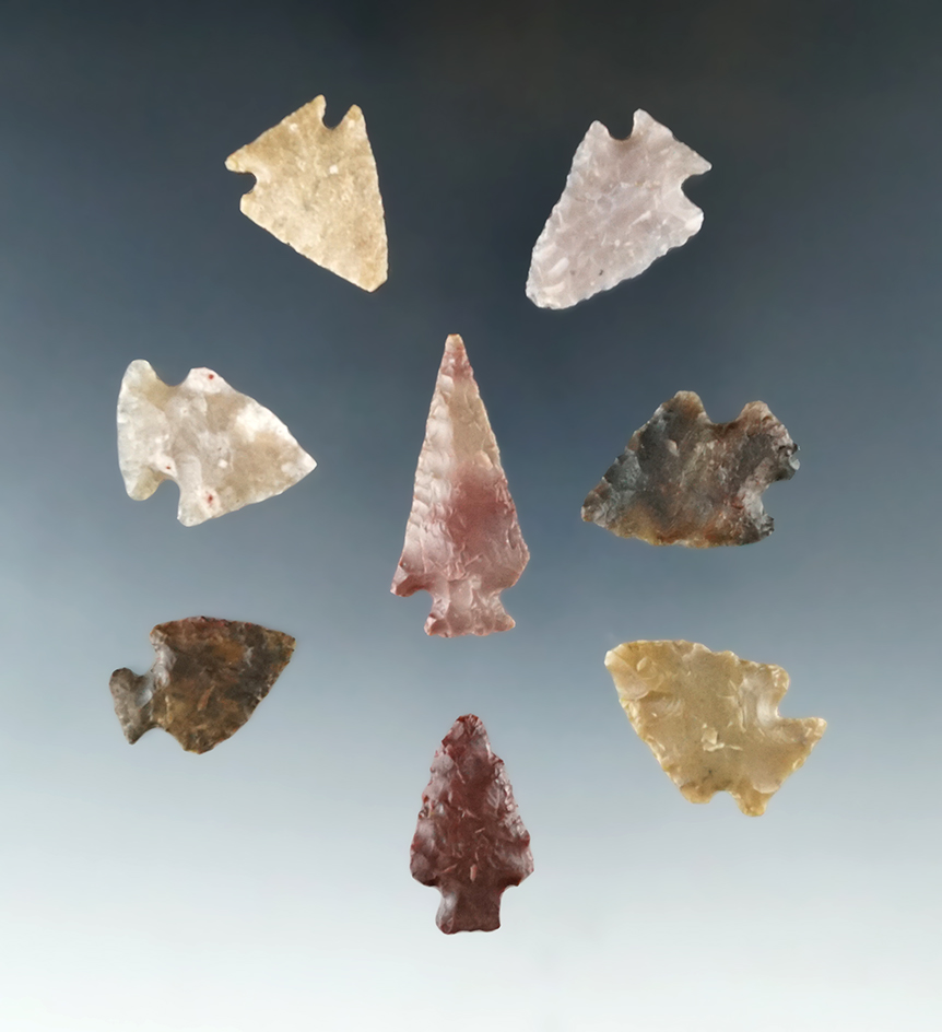 Set of 8 Nebraska Arrowheads, largest is 1 7/16". Ex. Bob Roth Collection.