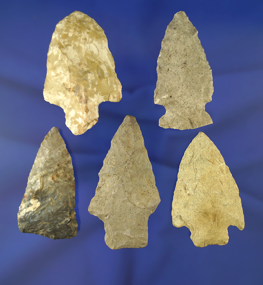 Set of five flaked Knives found in Michigan, largest is 2 7/8". Collected prior to 1950. Ex. Phil Wa