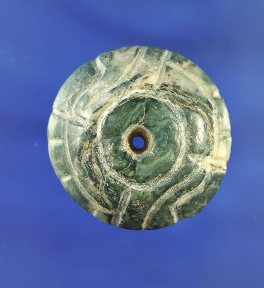 Beautifully made and nicely decorated 1 3/8" pre-Columbian stone bead or spindle Whorl.