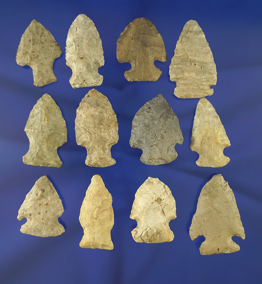 Set of 12 assorted arrowheads found in Michigan, largest is 1 3/4". Collected prior to 1950.