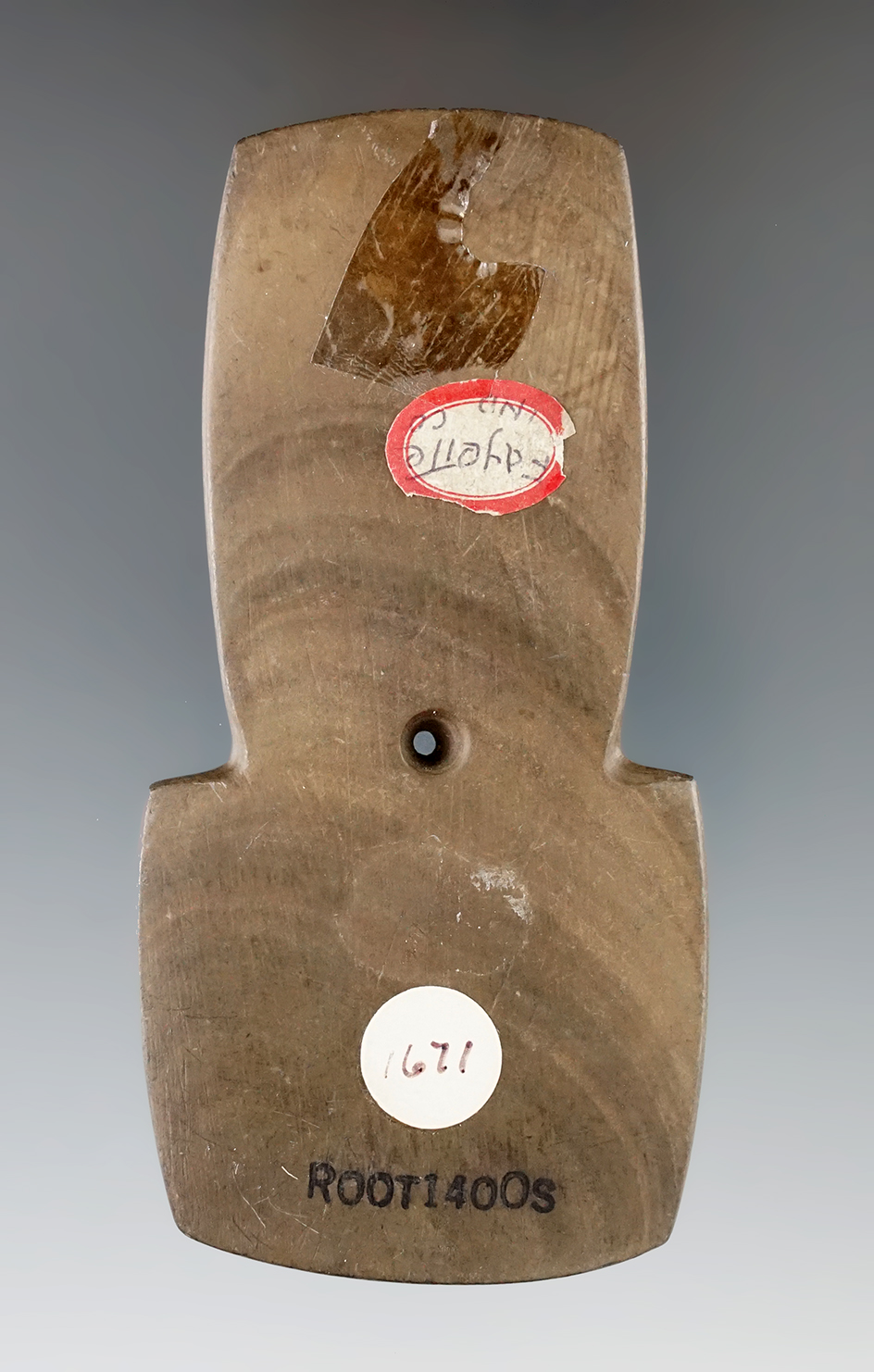 4 1/4" Shovel Pendant made from black, brown and cream Mottled Slate, found in Fayette Co., IN.