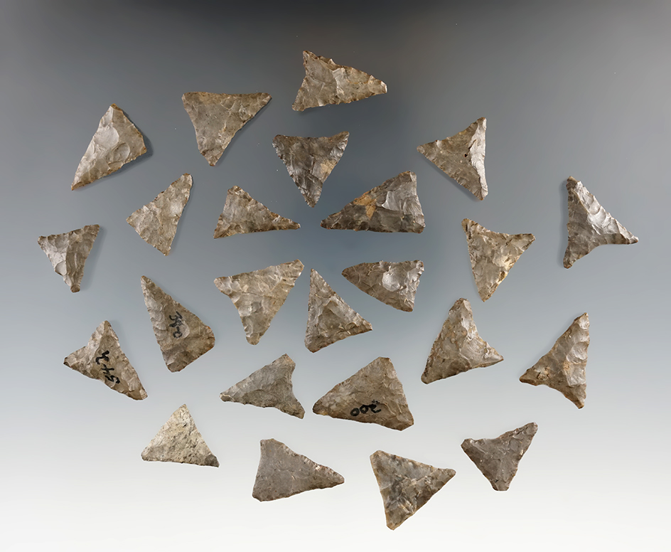 Set of 24 triangle points found at the Cleary site in New York. Most are around 7/8" long.
