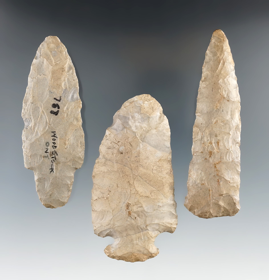 Set of three large flaked Knives found in Ontario, Canada. Largest is 4 1/8".