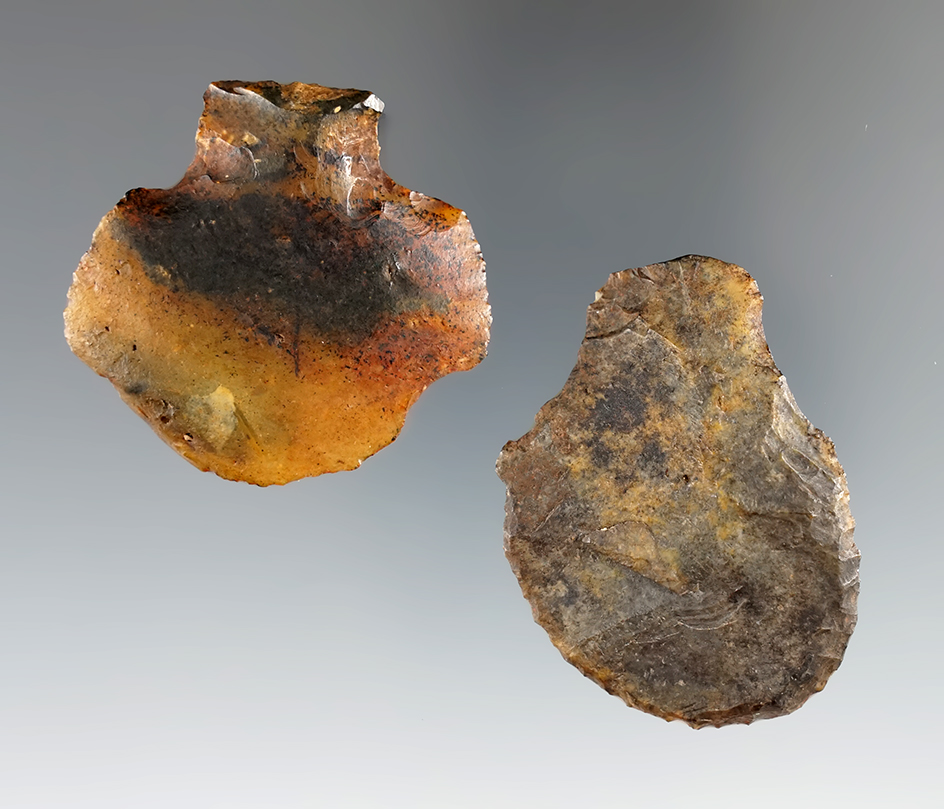 Pair of heavily patinated and well styled hafted scrapers found in Florida, largest is 1 13/16".