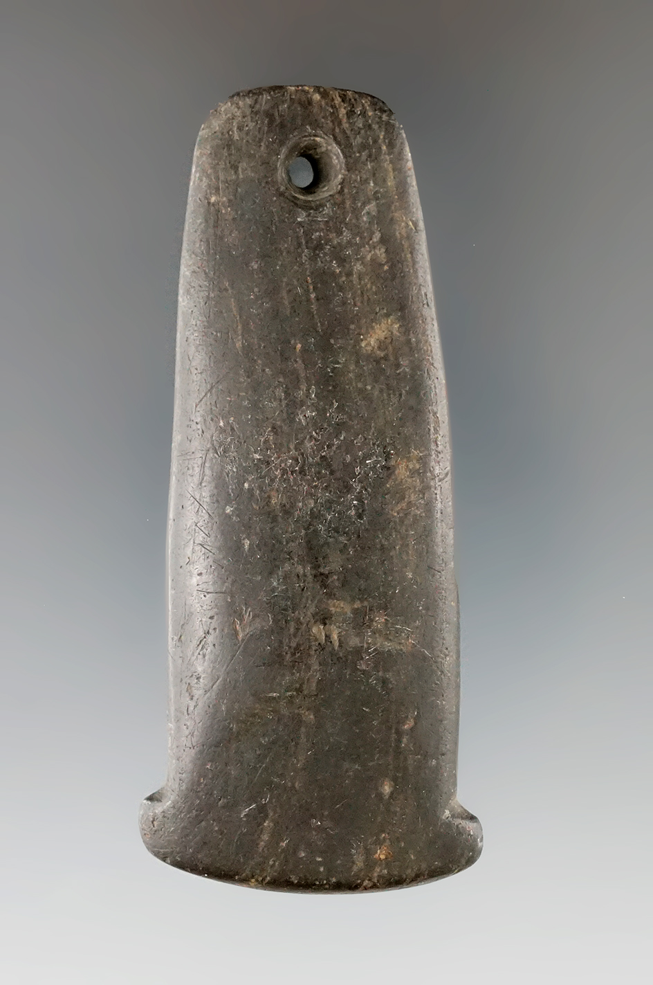 3 3/8" Adena Anchor Pendant made from black Slate, found in Indiana. Ex. David Kuhn, Jerri Wall