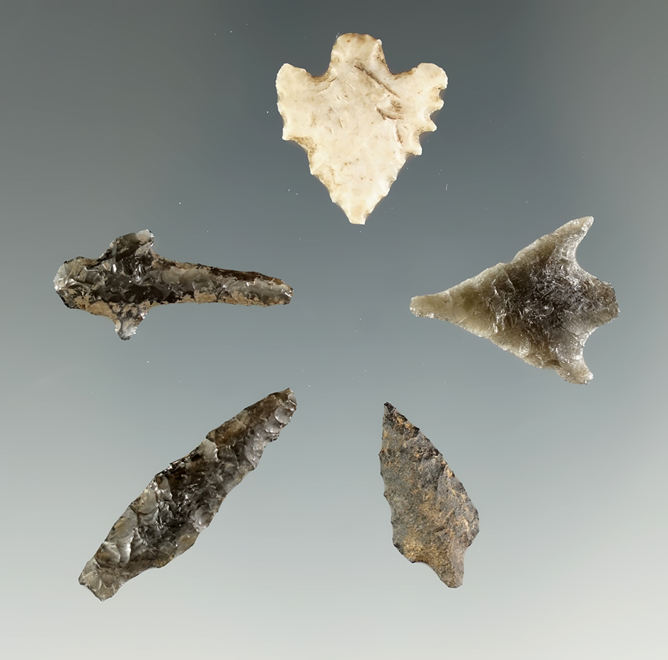 Set of five Shasta culture points found in the vicinity of the Sacramento River, California.