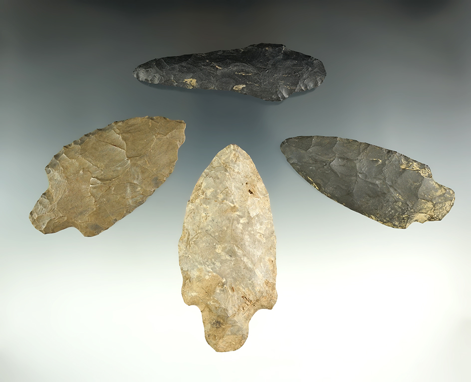Set of four Flint Knives found in Lenawee Co., Michigan.  Largest is 3 1/2".