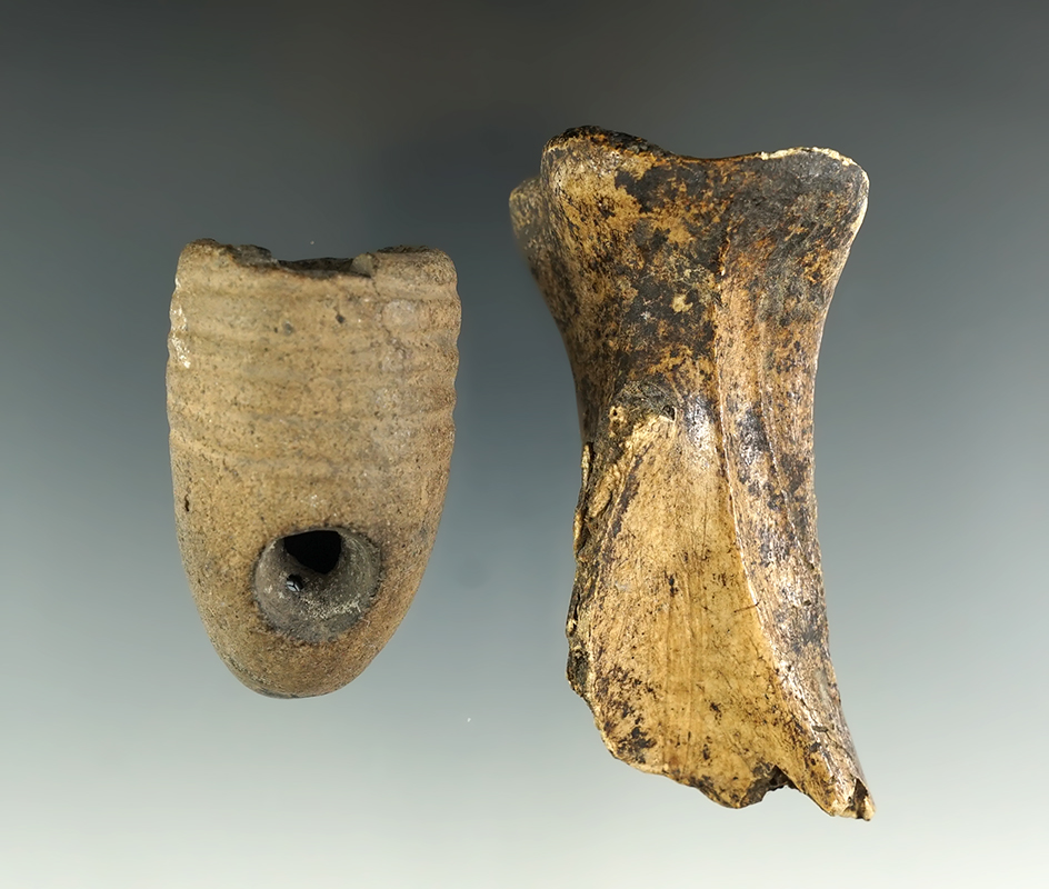 Pair of pipe sections found in New York including a salvaged ring bowl Iroquois clay pipe and a uniq