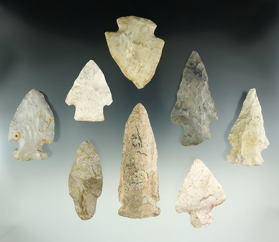 Set of 8 assorted knives, largest is 3 5/8". All found in Hillsdale Co., Michigan, near Sand Lake.