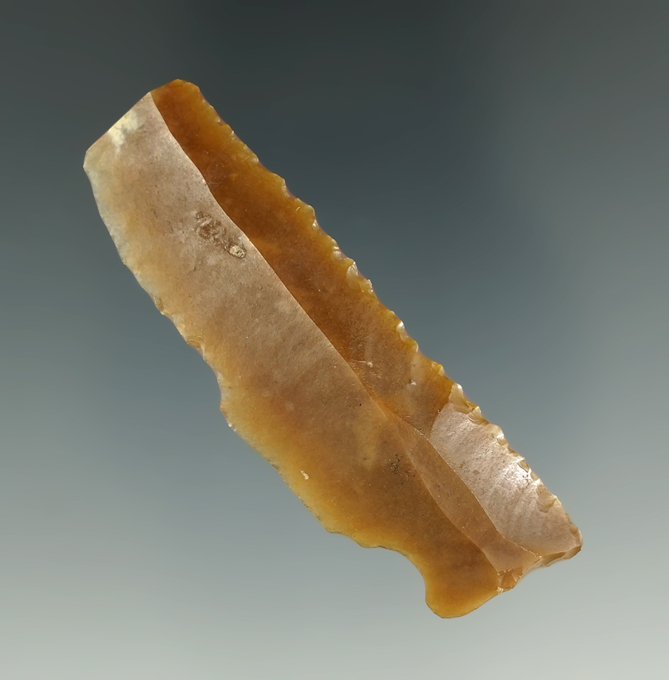 Excellent serrations - rare style 2 7/16" saw/sickle made off a flake of Flint - Jericho, Palestine.