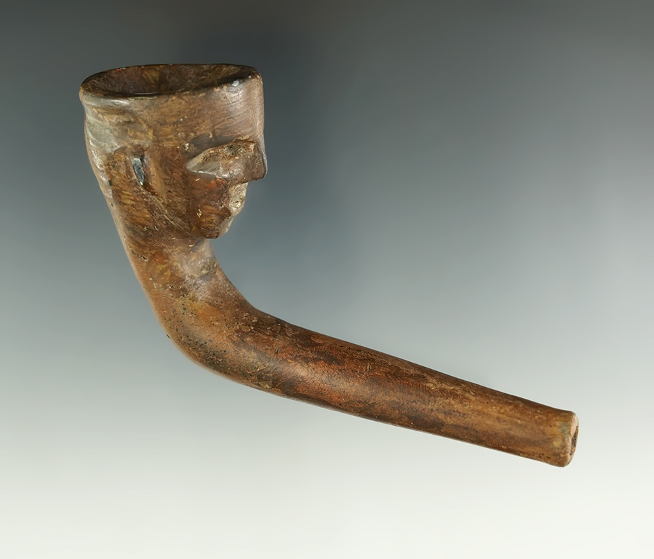 3 3/4" Iroquois clay human maskette effigy pipe with restoration. Simcoe, Ontario, Canada.