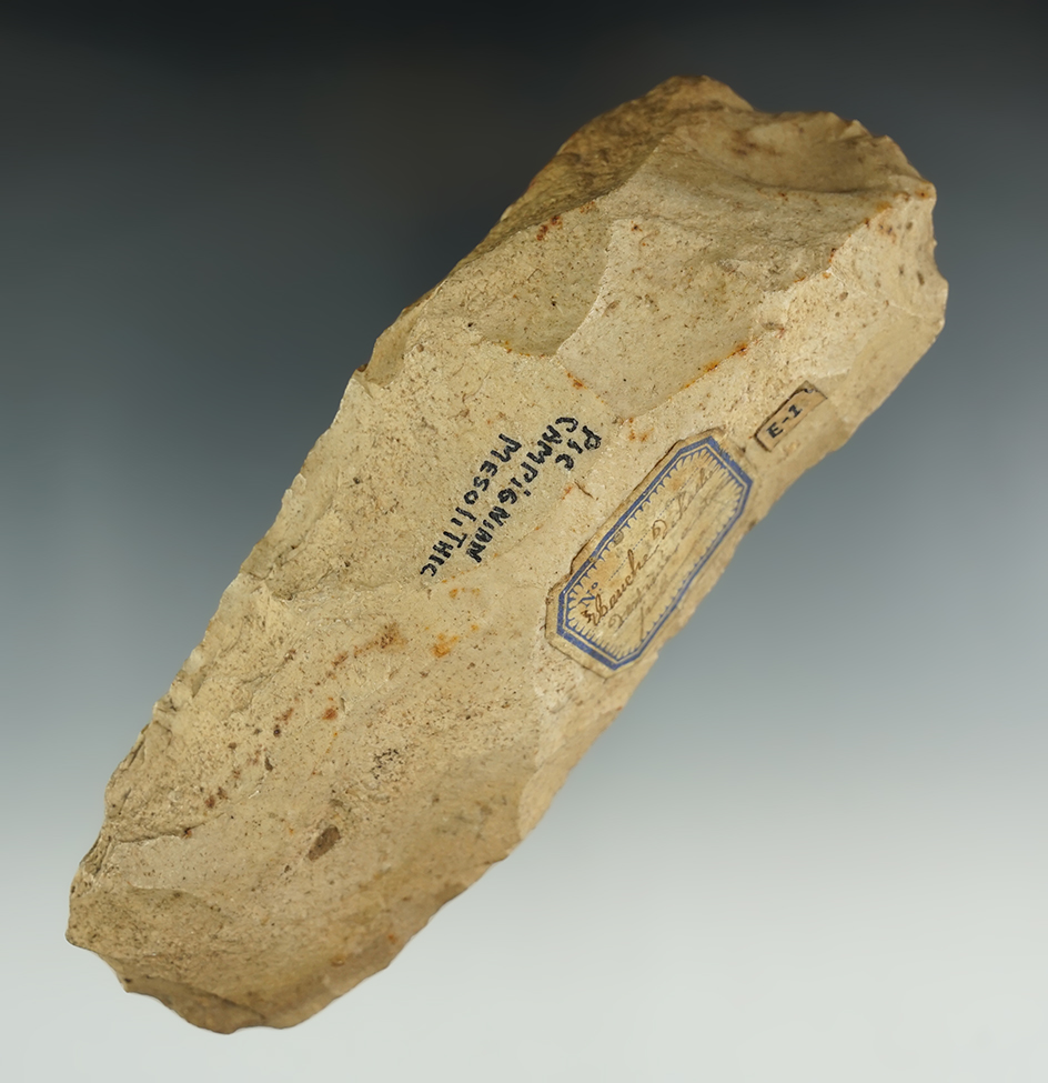 5 7/8" Neolithic flaked Celt/chopping tool found in France with a beautiful old tag.
