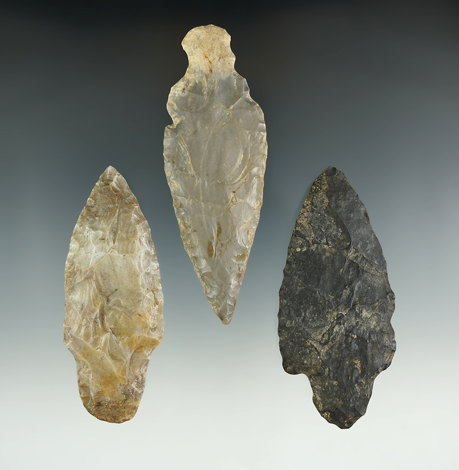 Set of three Adena Knives, largest is 3 11/16" found in Lenawee Co., Michigan.