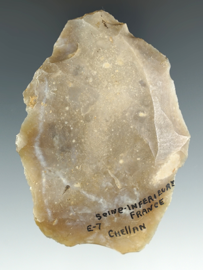 3 9/16" Flaked tool made from beautiful semi-translucent Nodular Flint found in France.