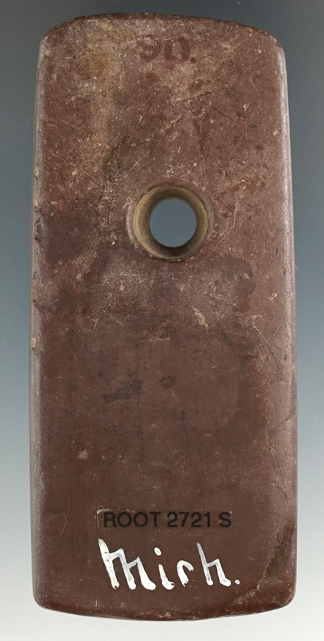 3 1/8" Adena Trapezoidal Pendant made from red and black Banded Slate, found in Michigan.