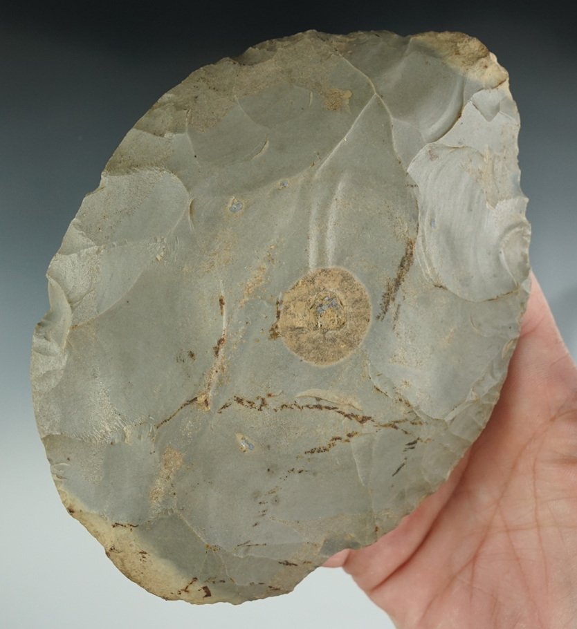 Large 5 5/8" heavily patinated Hornstone Cache Blade found in Lenawee Co., Michigan.