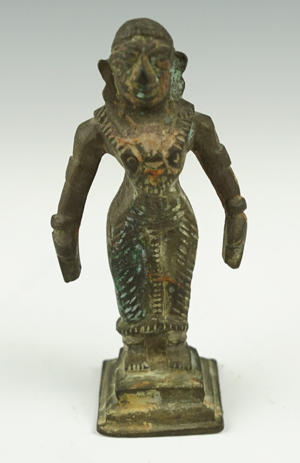 Excellent patina on this very old 3 3/16" tall bronze statue.