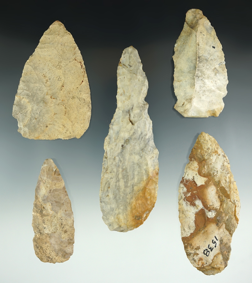 Set of five large Flint knives, largest is 4 15/16" found in Lenawee Co., Michigan.
